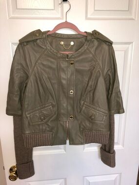 Tory Burch Olive Green Mixed-Media Leather Jacket with Knit Trim
